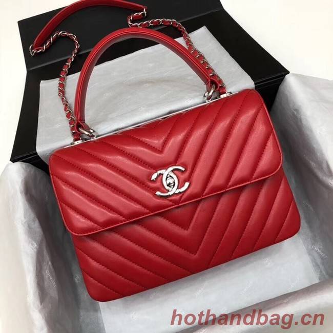 Chanel CC original lambskin top handle flap bag V92236 red&silver-Tone Metal