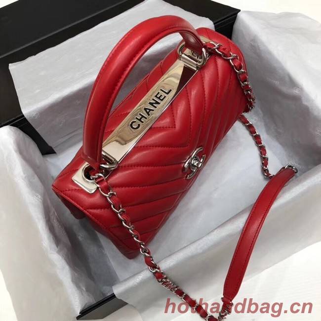 Chanel CC original lambskin top handle flap bag V92236 red&silver-Tone Metal