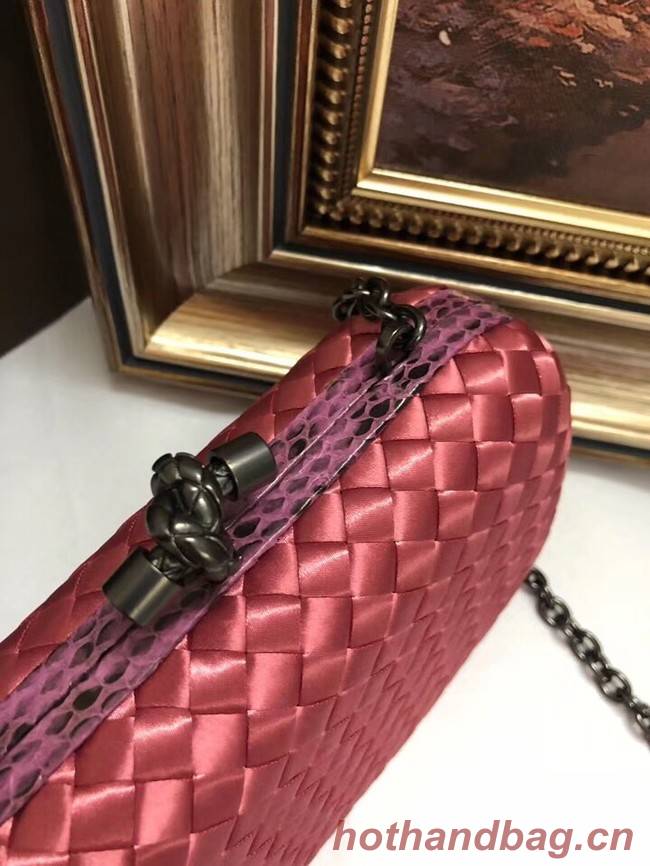 BOTTEGA VENETA Knot snakeskin-trimmed satin clutch 62548 Watermelon Red