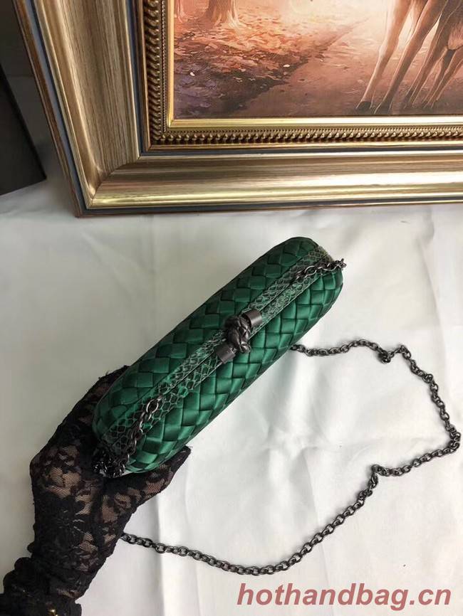 BOTTEGA VENETA Knot snakeskin-trimmed satin clutch 62548 green