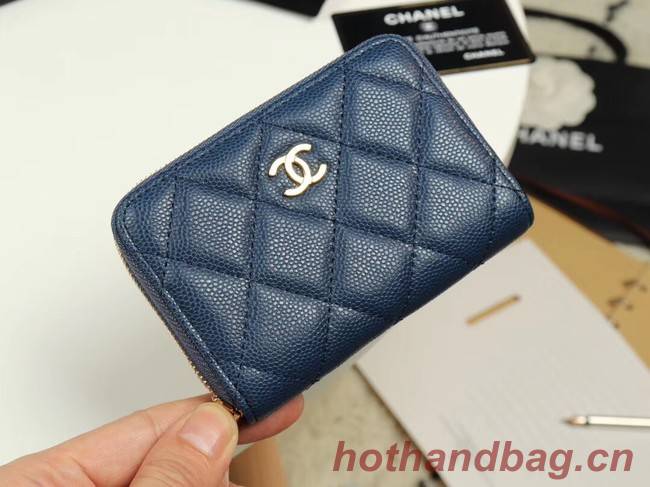 Chanel classic card holder Grained Calfskin & Gold-Tone Metal A69271 dark Blue