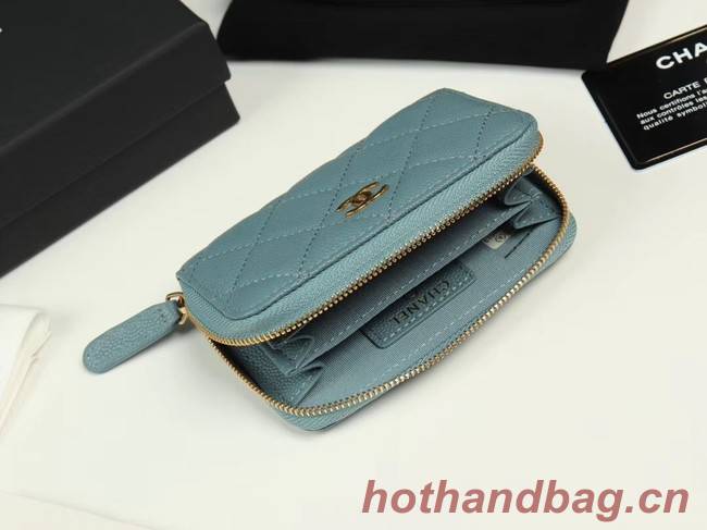 Chanel classic card holder Grained Calfskin & Gold-Tone Metal A69271 light Blue