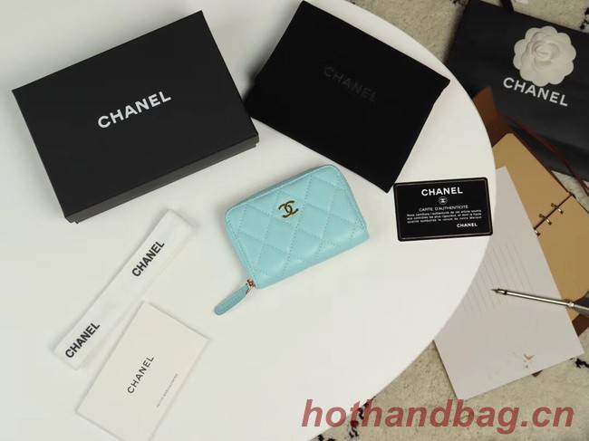 Chanel classic card holder Grained Calfskin & Gold-Tone Metal A69271 sky Blue