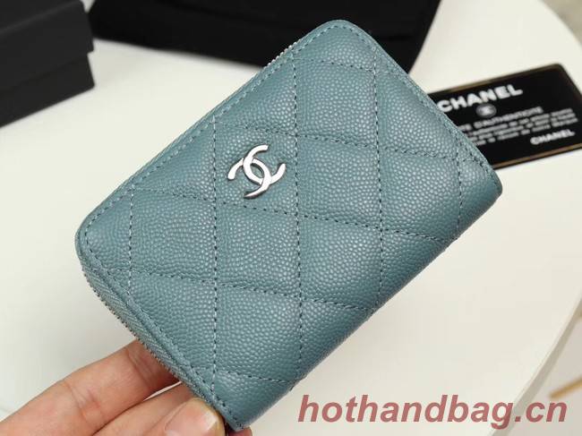 Chanel classic card holder Grained Calfskin & silver-Tone Metal A69271 light Blue