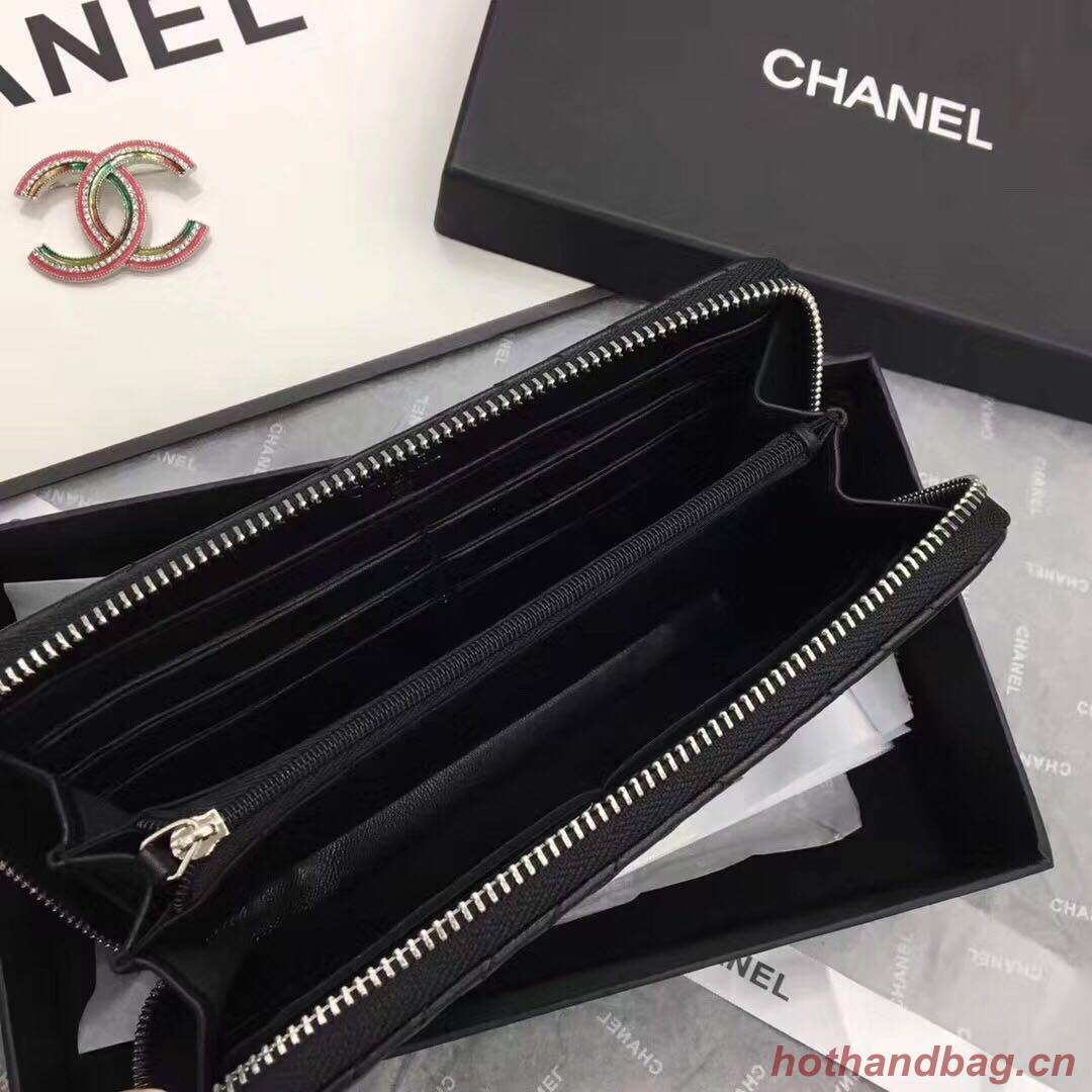 Chanel Chevron Sheepskin Leather Zippy Wallet Black A50498 Silver