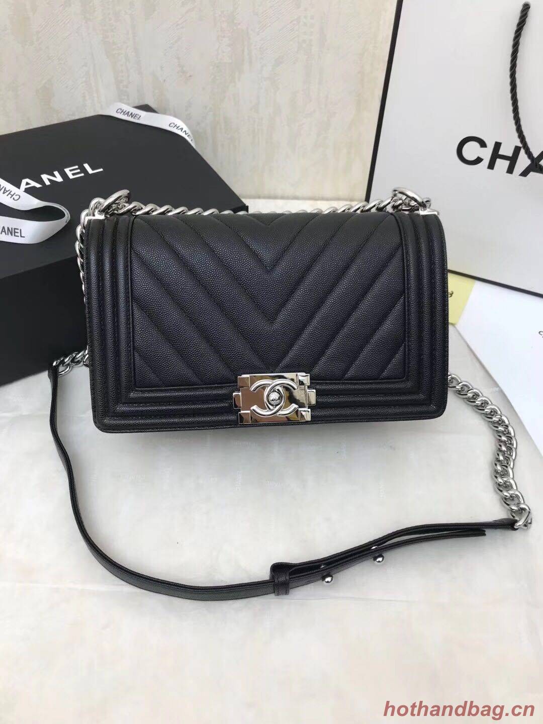 Chanel Boy Flap Caviar Original V Leather Shoulder Black Bag A67086 Silver