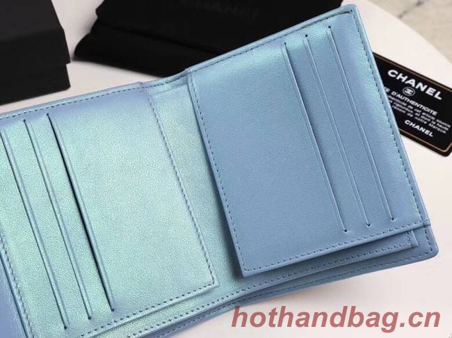 Chanel Calfskin Leather wallet & Gold-Tone Metal A82288 light blue