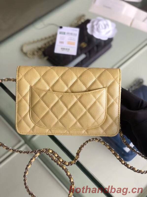 Chanel classic wallet on chain Grained Calfskin & Silver-Tone Metal 33814 Pearlescent apricot