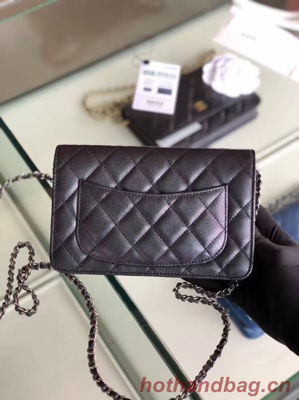 Chanel classic wallet on chain Grained Calfskin & Silver-Tone Metal 33814 Pearlescent black