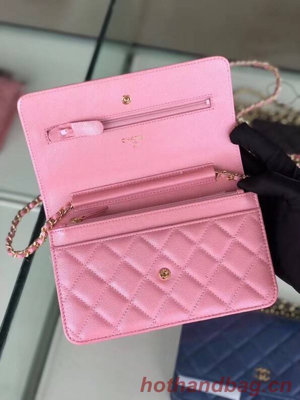 Chanel classic wallet on chain Grained Calfskin & gold-Tone Metal 33814 Pearlescent Pink