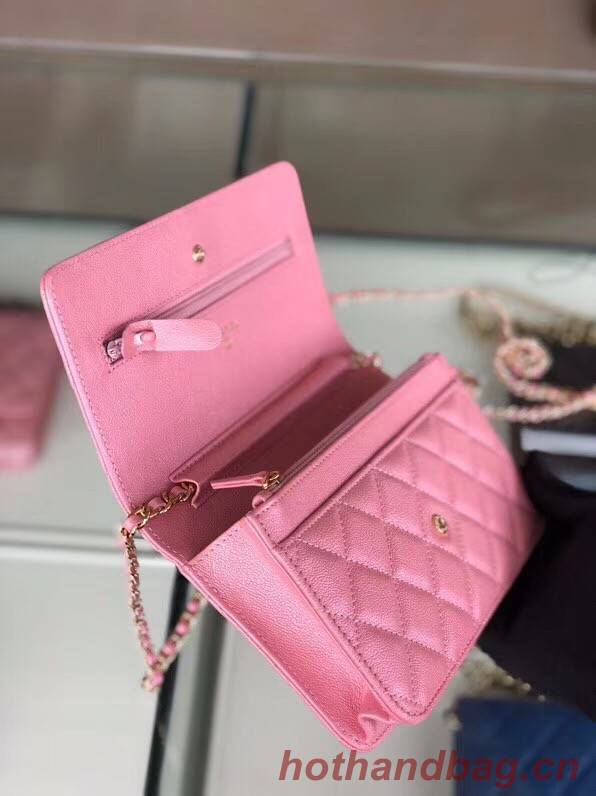 Chanel classic wallet on chain Grained Calfskin & gold-Tone Metal 33814 Pearlescent Pink