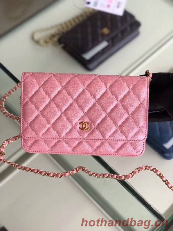 Chanel classic wallet on chain Grained Calfskin & gold-Tone Metal 33814 Pearlescent Pink