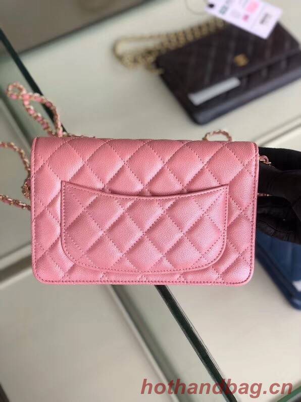 Chanel classic wallet on chain Grained Calfskin & gold-Tone Metal 33814 Pearlescent Pink