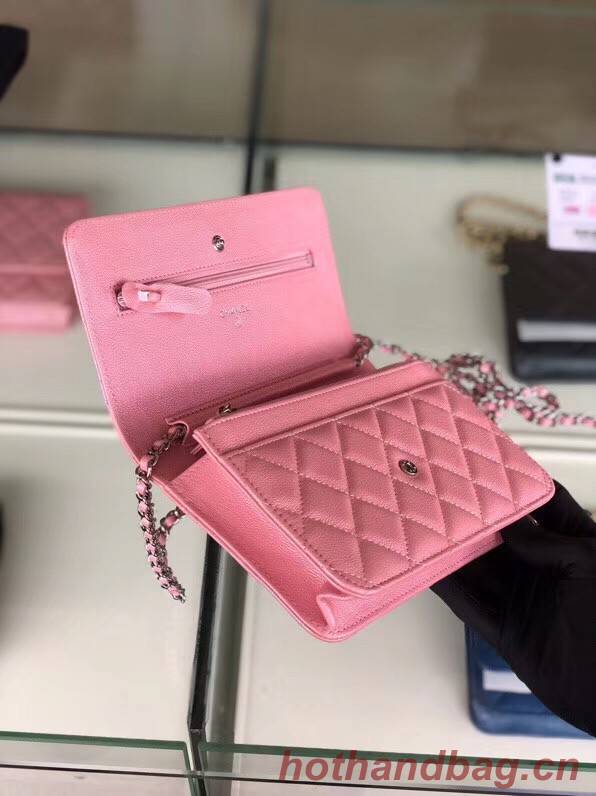 Chanel classic wallet on chain Grained Calfskin & Silver-Tone Metal 33814 Pearlescent Pink