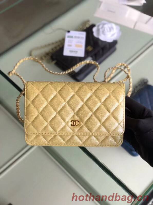 Chanel classic wallet on chain Grained Calfskin & gold-Tone Metal 33814 Pearlescent apricot