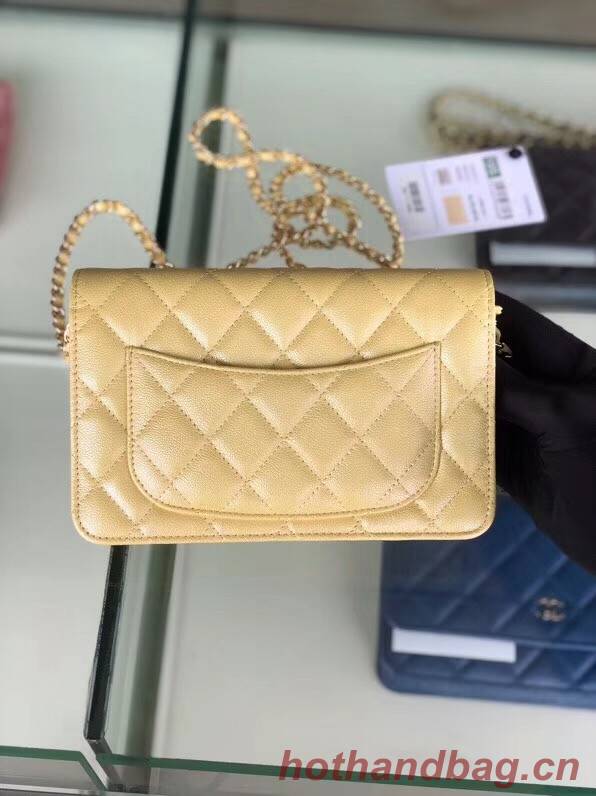 Chanel classic wallet on chain Grained Calfskin & gold-Tone Metal 33814 Pearlescent apricot