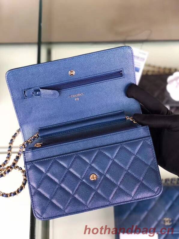 Chanel classic wallet on chain Grained Calfskin & gold-Tone Metal 33814 Pearlescent blue