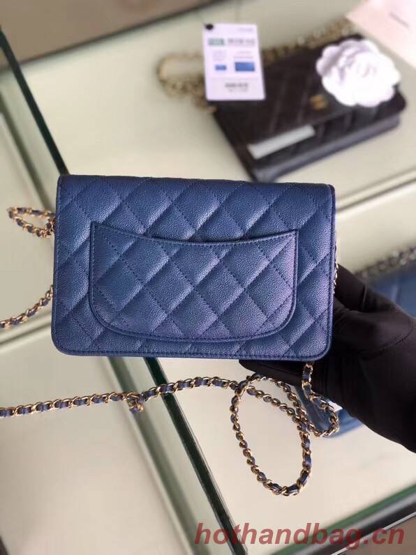 Chanel classic wallet on chain Grained Calfskin & gold-Tone Metal 33814 Pearlescent blue