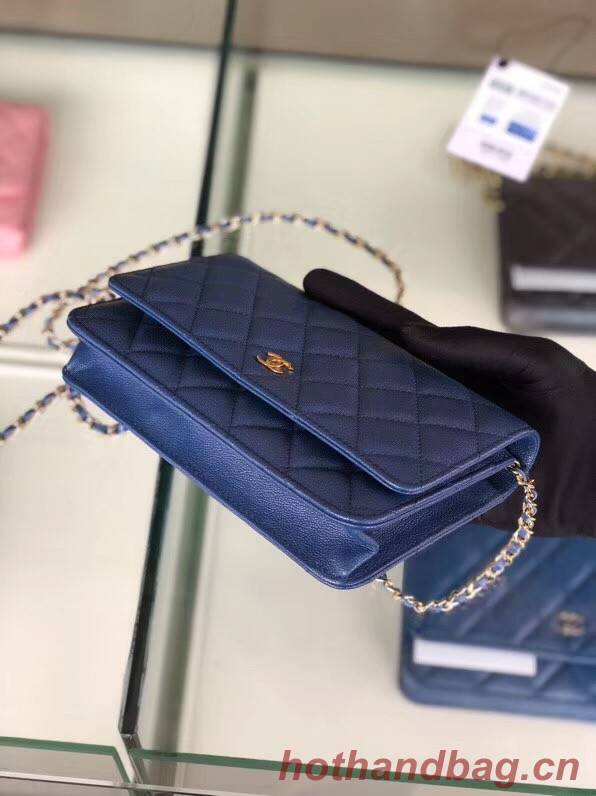 Chanel classic wallet on chain Grained Calfskin & gold-Tone Metal 33814 Pearlescent blue