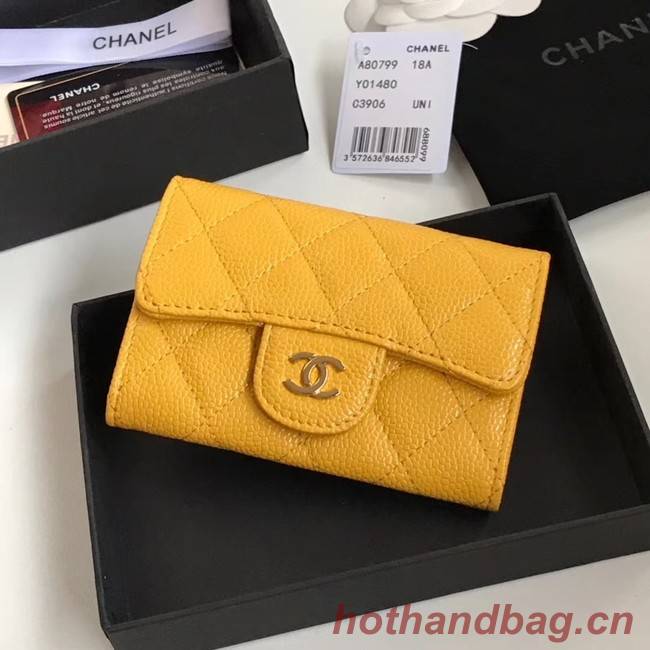 Chanel card holder Calfskin & Gold-Tone Metal A80799 yellow