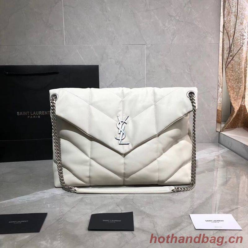 Yves Saint Laurent LOULOU PUFFER MEDIUM BAG IN QUILTED CRINKLED MATTE LEATHER Y577475 White