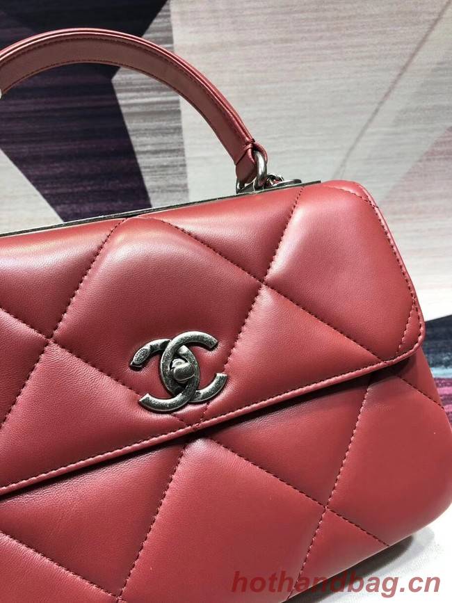 Chanel CC original lambskin top handle flap bag A92236 red&silver-Tone Metal