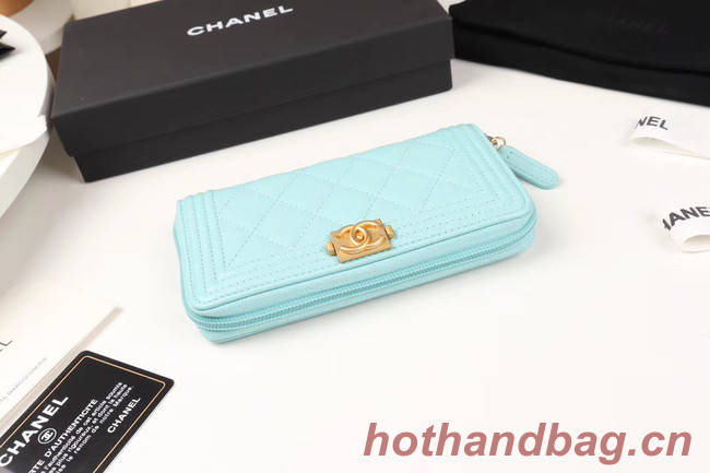 Chanel Calfskin Leather & Gold-Tone Metal Wallet A80566 Light Blue