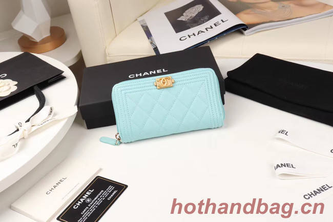 Chanel Calfskin Leather & Gold-Tone Metal Wallet A80566 Light Blue