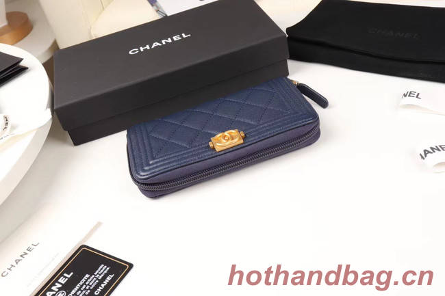 Chanel Calfskin Leather & Gold-Tone Metal Wallet A80566 dark blue