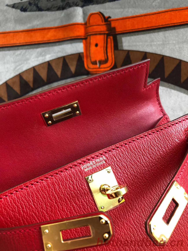 Hermes original mini Kelly chevre mysore K19CM red&Gold Metal