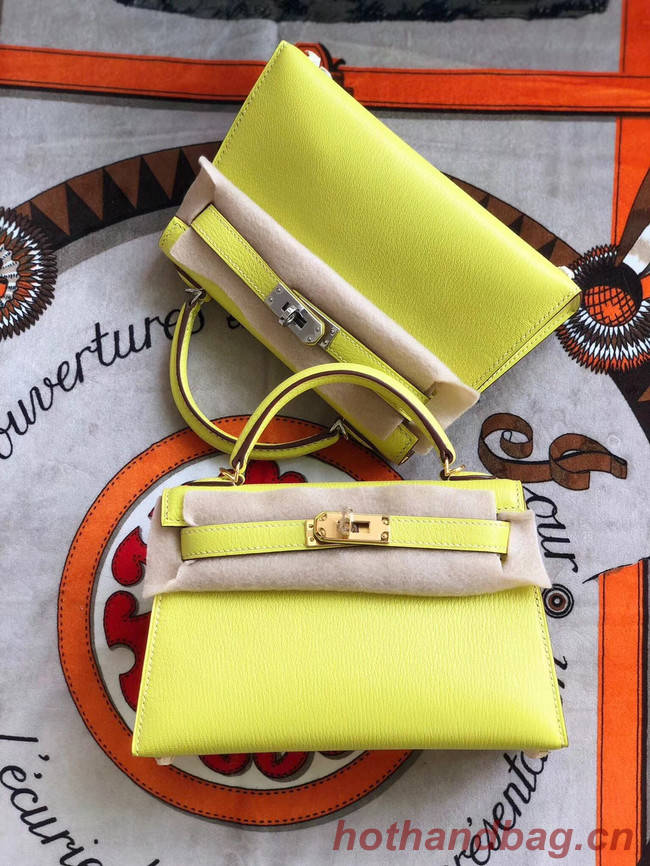 Hermes original mini Kelly chevre mysore K19CM yellow&Gold Metal