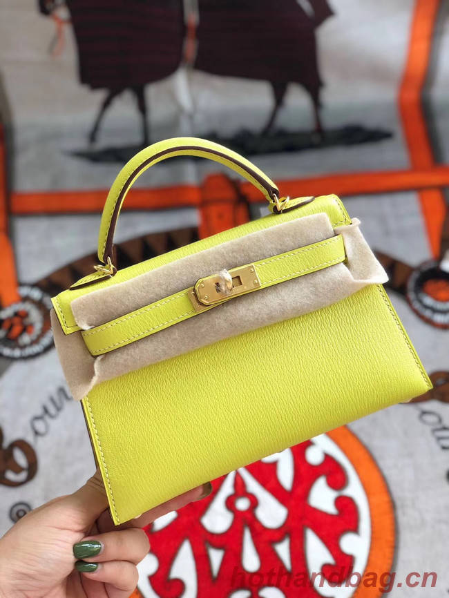 Hermes original mini Kelly chevre mysore K19CM yellow&Gold Metal