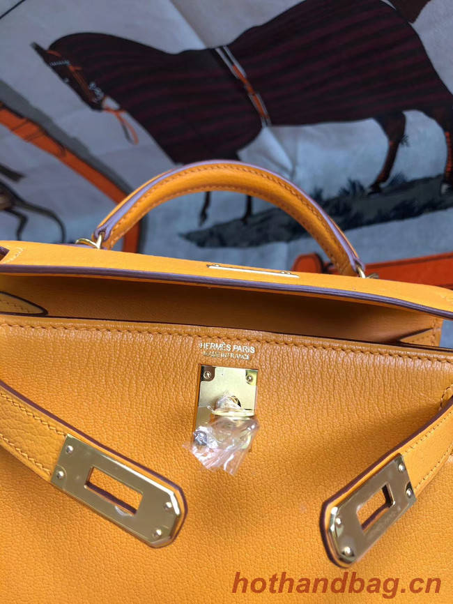 Hermes original mini Kelly chevre mysore K19CM Mango yellow&Gold Metal