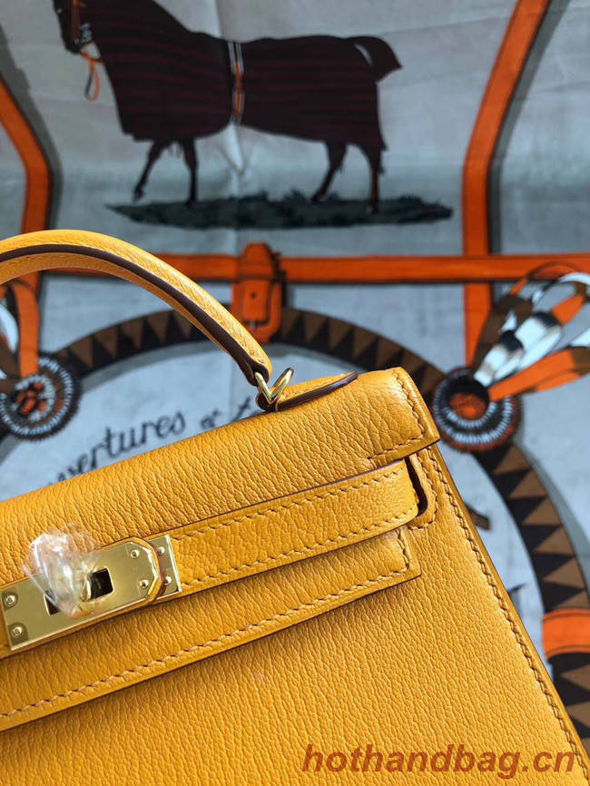 Hermes original mini Kelly chevre mysore K19CM Mango yellow&Gold Metal