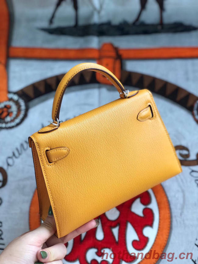 Hermes original mini Kelly chevre mysore K19CM Mango yellow&silver Metal