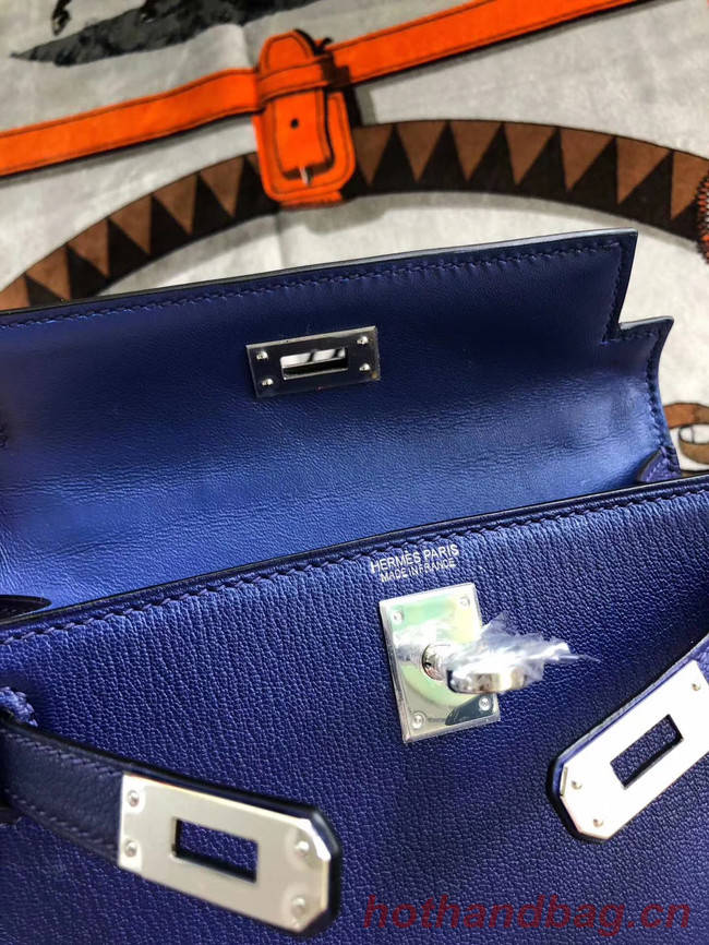 Hermes original mini Kelly chevre mysore K19CM blue&silver Metal