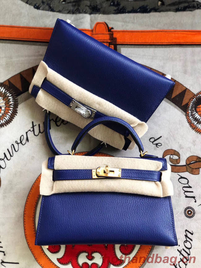 Hermes original mini Kelly chevre mysore K19CM blue&silver Metal