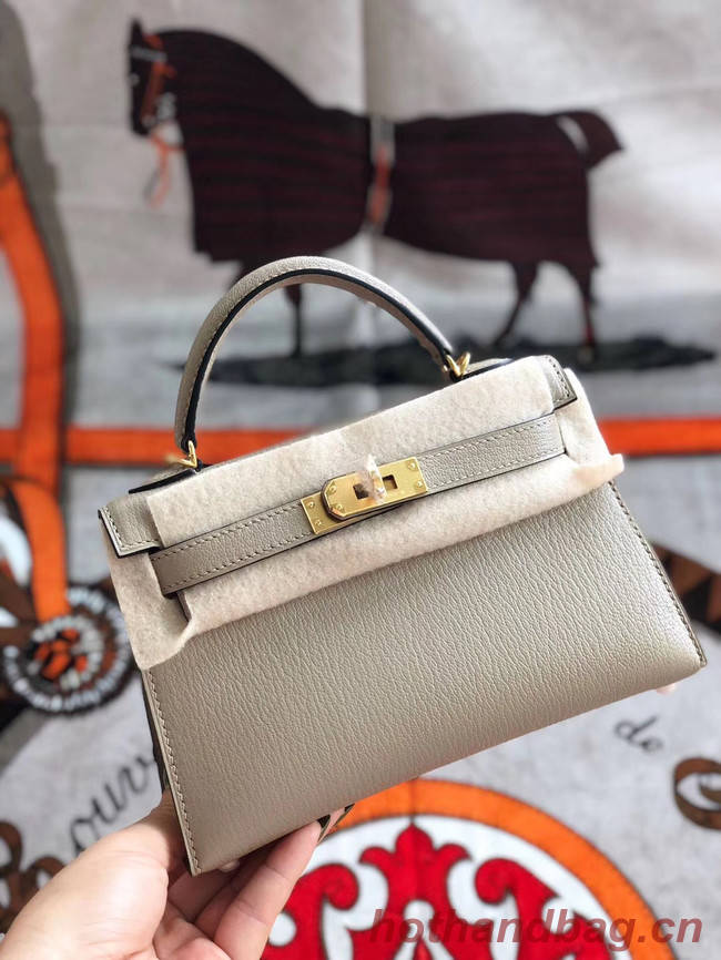 Hermes original mini Kelly chevre mysore K19CM light grey&Gold Metal