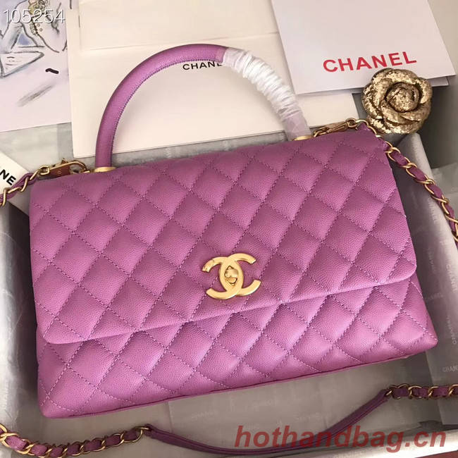 Chanel original Calfskin flap bag top handle A92292 Purplish&gold-Tone Metal