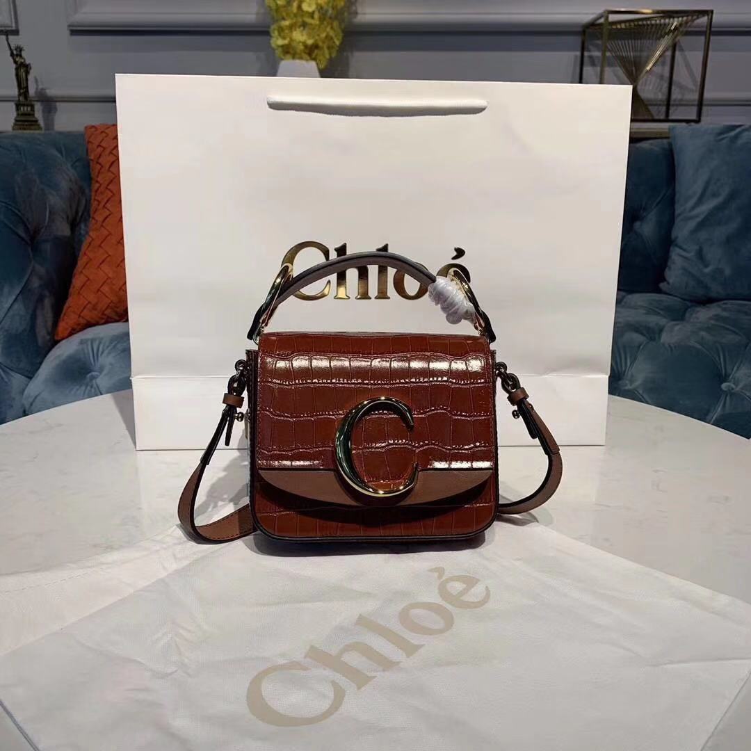 Chloe Original Crocodile skin Leather Top Handle Small Bag 3S030 brown