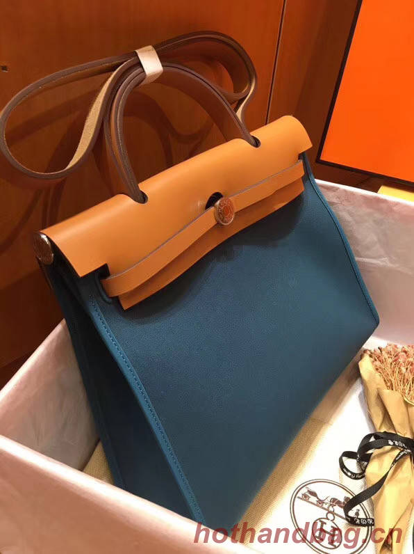 Hermes Herbag 31CM Original Canvas Leather & Calfskin 45987 Blue&Apricot