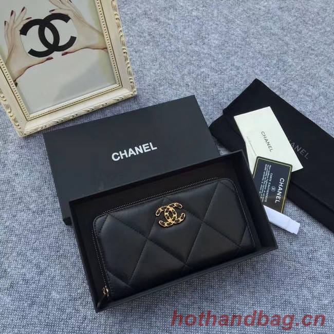 CHANEL 19 sheepskin & Gold-Tone Metal Wallet AP1063 black