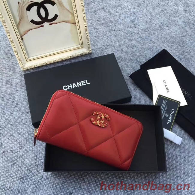 CHANEL 19 sheepskin & Gold-Tone Metal Wallet AP1063 Burgundy