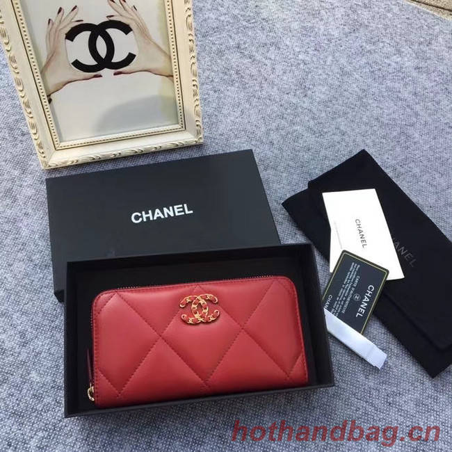 CHANEL 19 sheepskin & Gold-Tone Metal Wallet AP1063 Burgundy