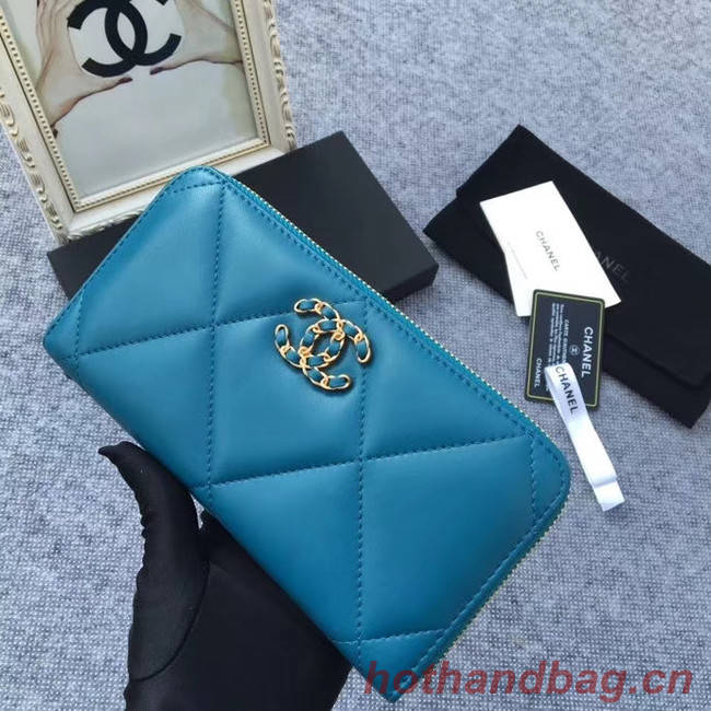 CHANEL 19 sheepskin & Gold-Tone Metal Wallet AP1063 blue