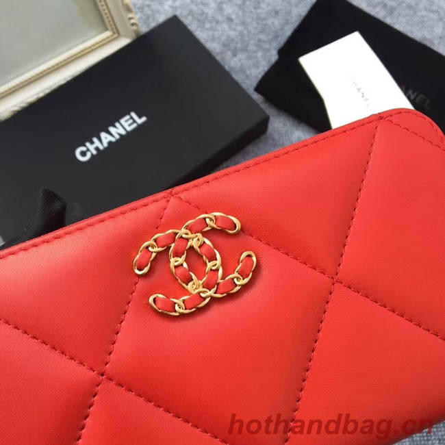 CHANEL 19 sheepskin & Gold-Tone Metal Wallet AP1063 red