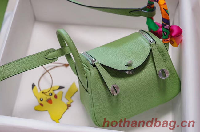 Hermes mini Lindy Togo Leather Bag LD19 green&Silver-Tone Metal