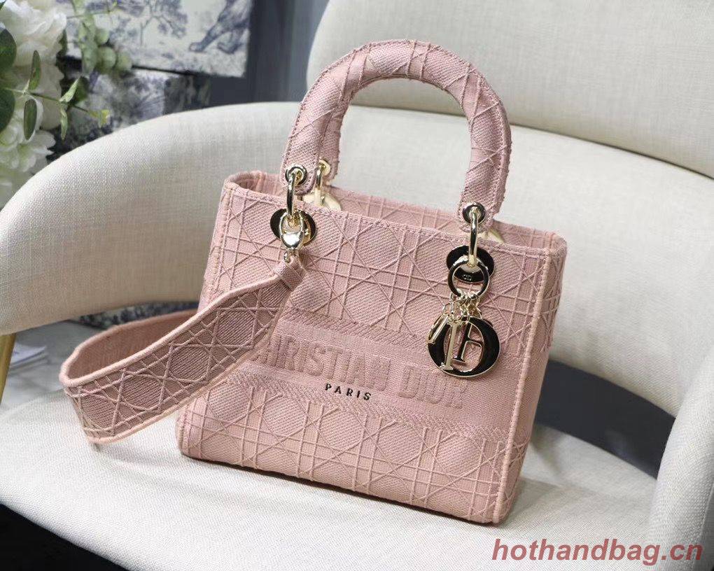 LADY DIOR TOTE BAG IN EMBROIDERED CANVAS C4532 pink Gold Hardware