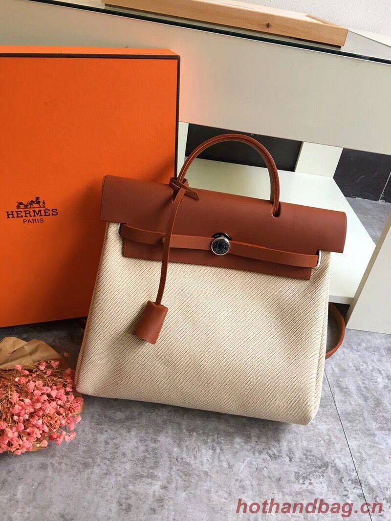 Hermes Herbag 31CM Original Canvas Leather & Calfskin 45987 brown&white