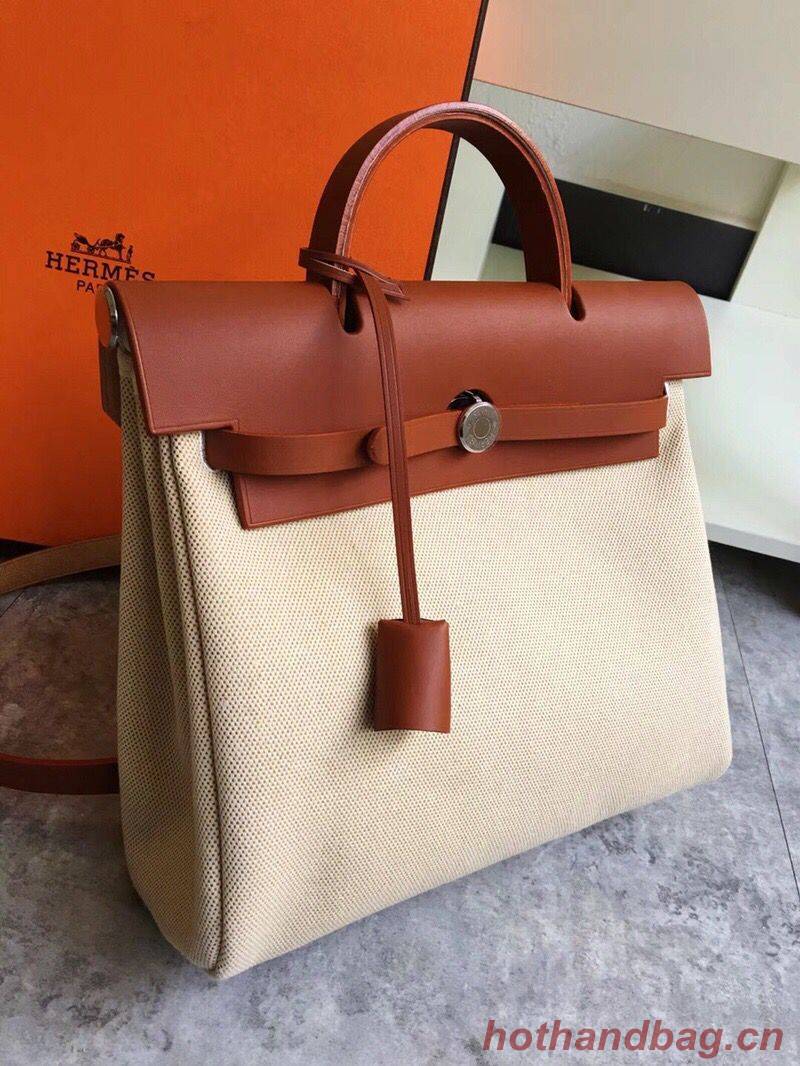 Hermes Herbag 31CM Original Canvas Leather & Calfskin 45987 brown&white